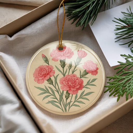 A round ornament with a floral design featuring pink carnations is displayed in a box, surrounded by pine branches and greenery.
