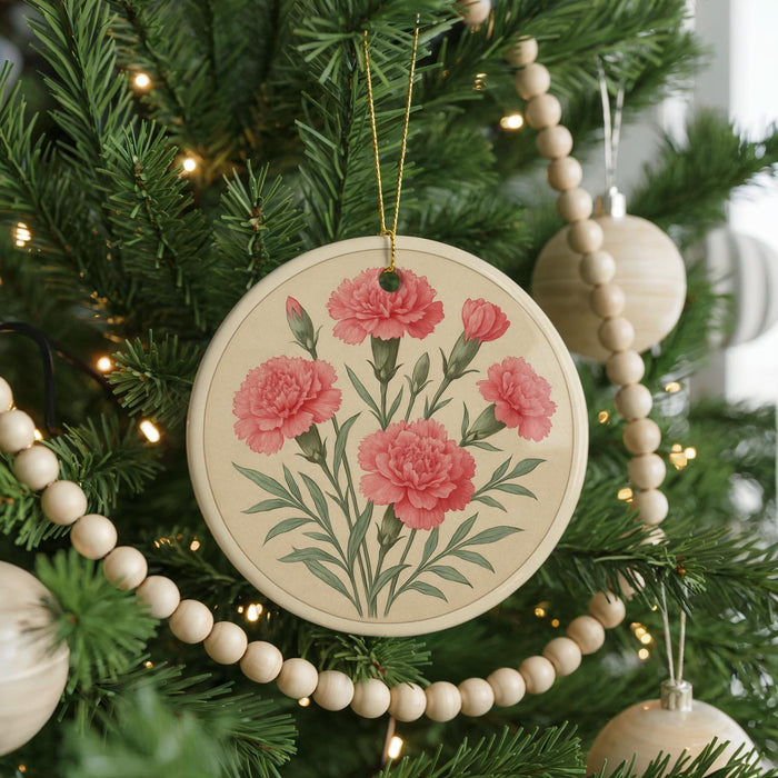 A round ornament with a floral design hangs from a Christmas tree, surrounded by other ornaments and lights.