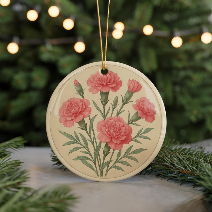 A round ornament with a floral design featuring pink carnations is displayed against a blurred background of a Christmas tree with twinkling lights.