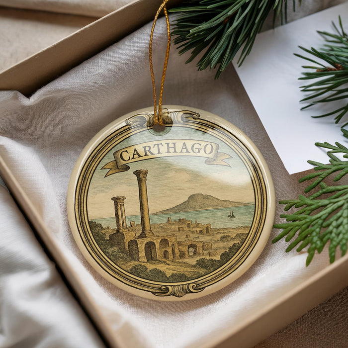 A decorative ornament with a circular design featuring a cityscape and a mountain, hanging from a string.