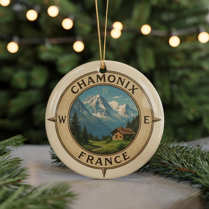 A decorative ornament with a compass design, featuring a mountain landscape and a small cabin, is displayed in front of a Christmas tree with twinkling lights.