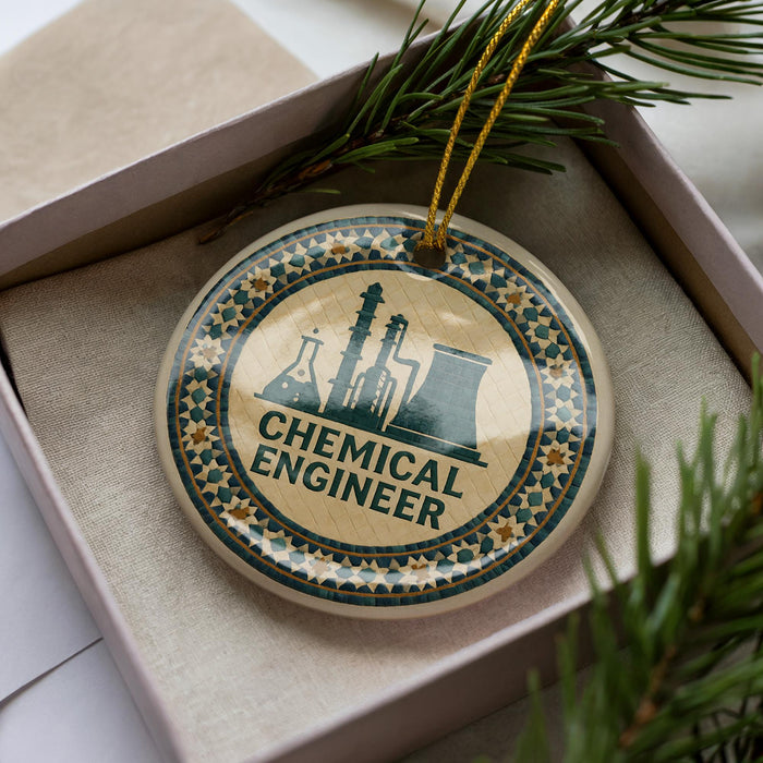 A round ornament with the text "CHEMICAL ENGINEER" and a silhouette of a chemical plant, placed inside a box with pine branches.