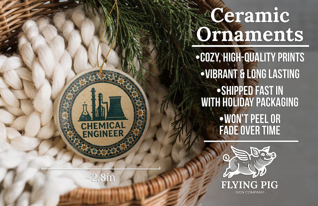 Ceramic ornaments, featuring a ceramic engineer's logo, are displayed in a wicker basket.