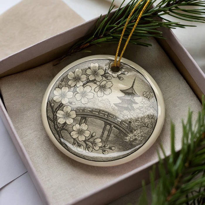 A decorative ornament in a box, featuring a floral design with a bridge and trees.