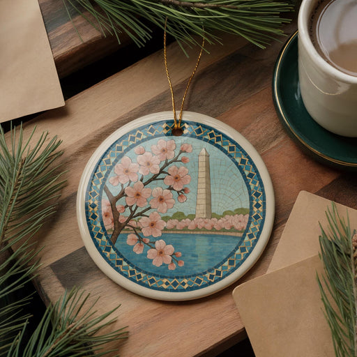 A decorative ceramic ornament featuring a floral design with pink flowers and a blue and white background, placed on a wooden surface alongside a cup of coffee and some papers.