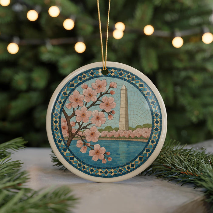 A decorative ornament featuring a floral design with pink flowers and a tall obelisk, hanging from a string against a blurred background of greenery and lights.