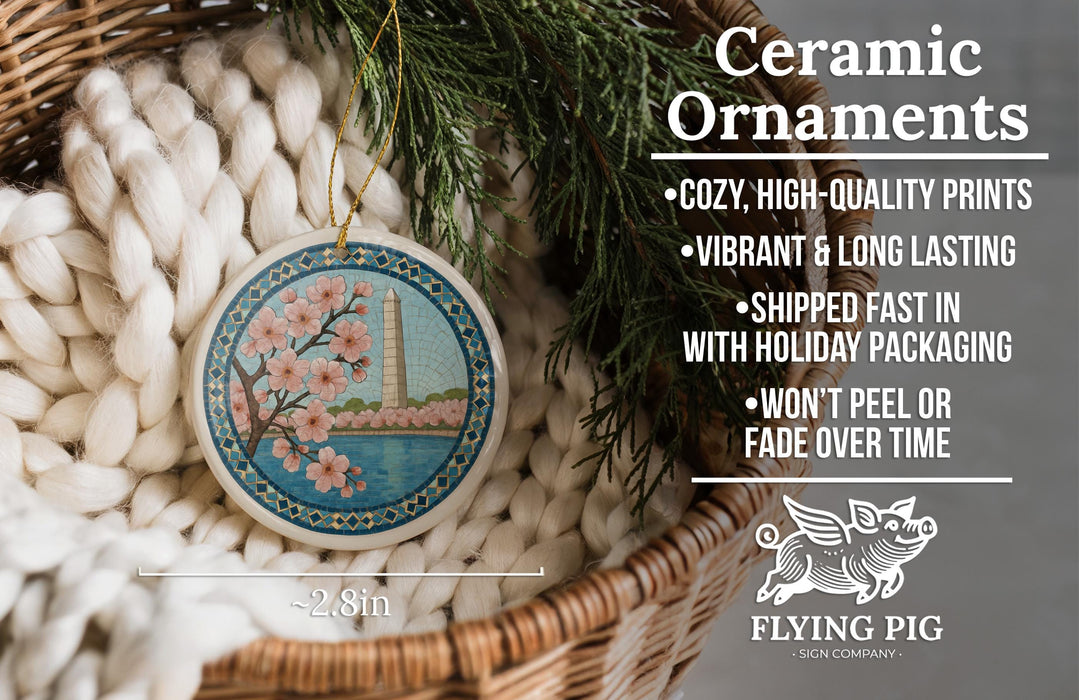 Ceramic ornaments, featuring a blue and white design with a tree and a building, are displayed in a woven basket.