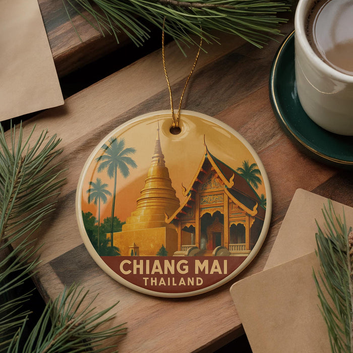 A decorative ornament featuring a temple and palm trees, with the text "CHIANG MAI THAILAND" printed on it.