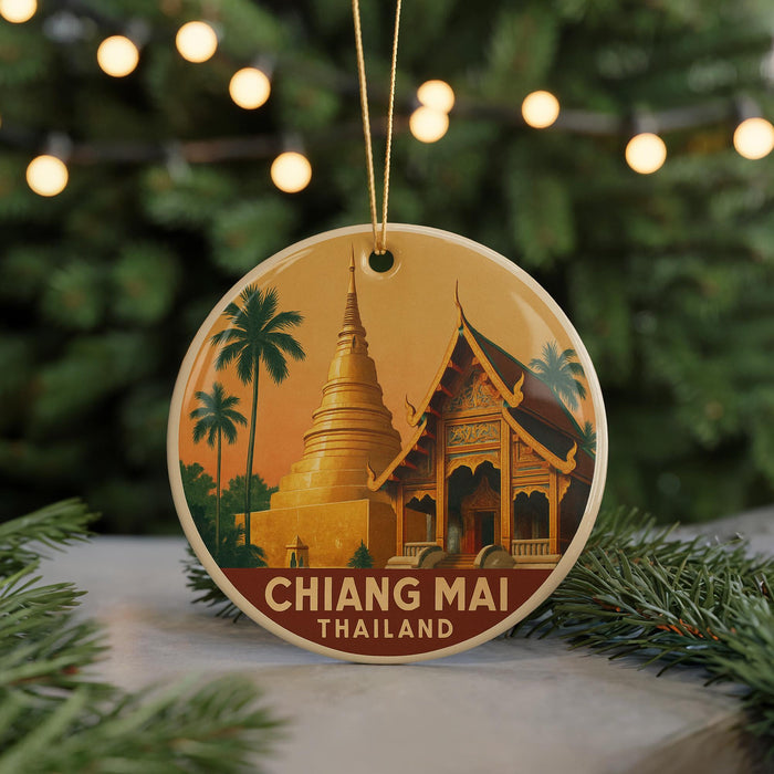 A round ornament featuring a temple and palm trees, with the text "CHIANG MAI THAILAND" printed on it.