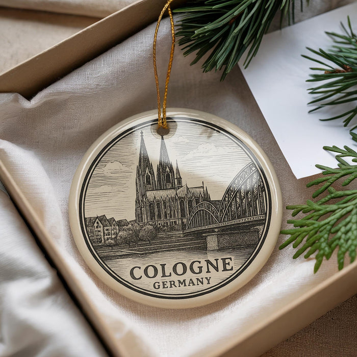 A circular ornament with a drawing of Cologne Cathedral in Germany, hanging from a string.