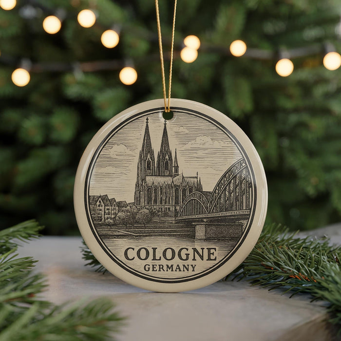 A round ornament featuring the Cologne Cathedral in Germany, with a Christmas tree and twinkling lights in the background.