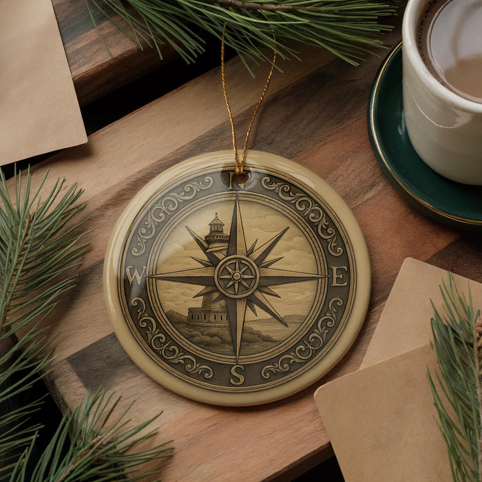 A decorative compass ornament with a lighthouse on a wooden surface, surrounded by pine branches and a cup of coffee.