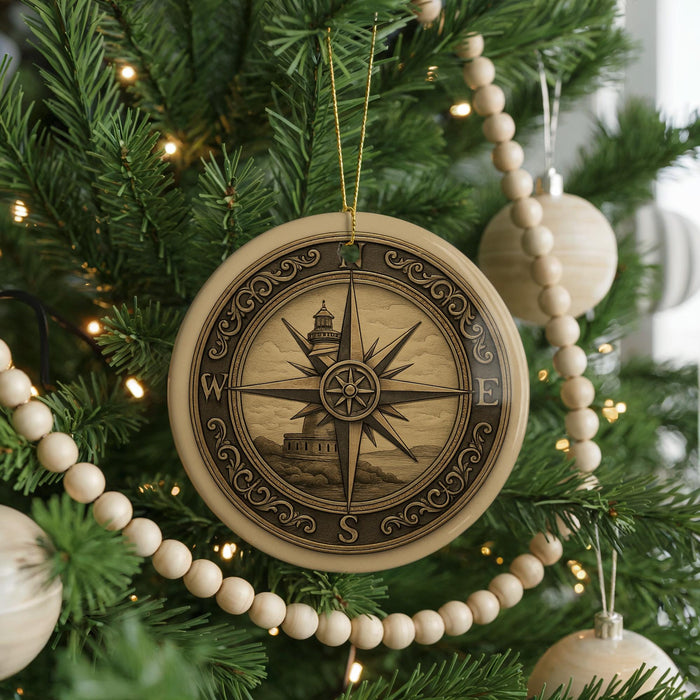 A Christmas tree decorated with a compass ornament and wooden beads.
