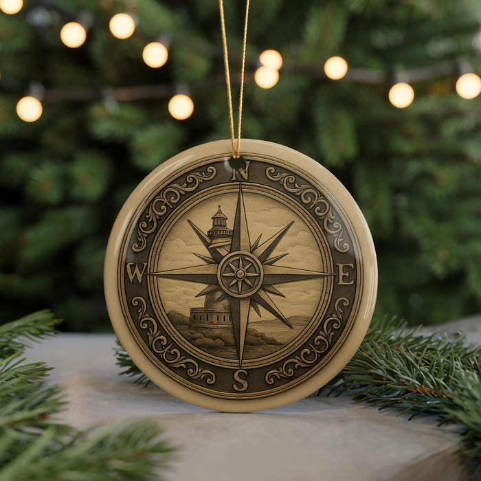A decorative compass ornament with a lighthouse on a Christmas tree, surrounded by pine branches and twinkling lights.
