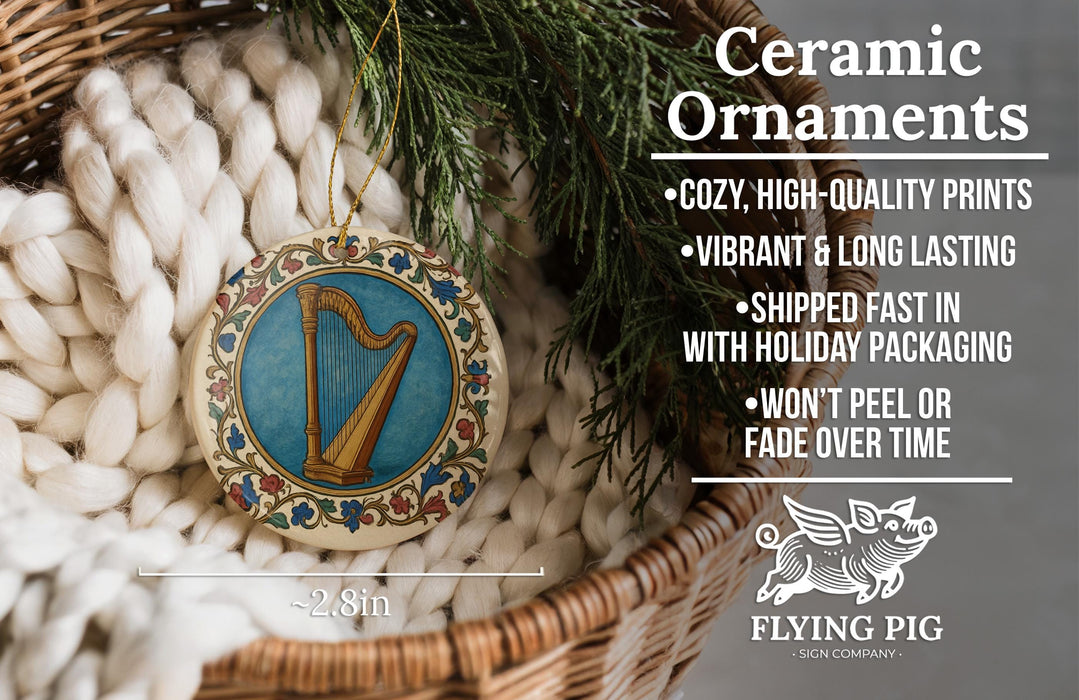 Ceramic ornaments, featuring a harp design, are displayed in a woven basket.