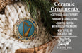 Ceramic ornaments, featuring a harp design, are displayed in a woven basket.