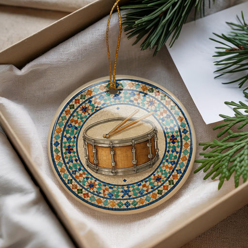 A decorative ornament featuring a drum is displayed in a box, surrounded by pine branches and a white card.