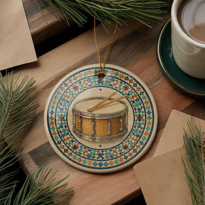 A ceramic ornament featuring a drum is displayed on a wooden surface, surrounded by pine branches and a cup of coffee.