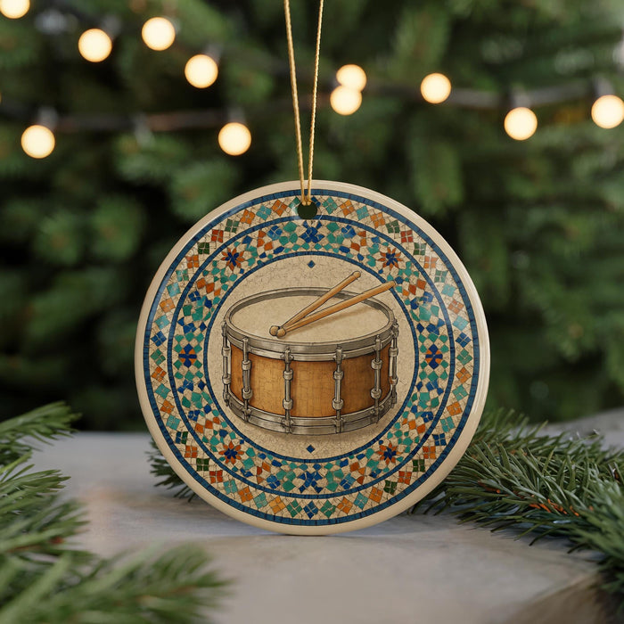 A decorative ornament featuring a drum is displayed on a table, surrounded by pine branches and twinkling lights in the background.