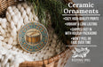Ceramic ornaments, featuring a drum and a pine branch, are displayed in a woven basket.
