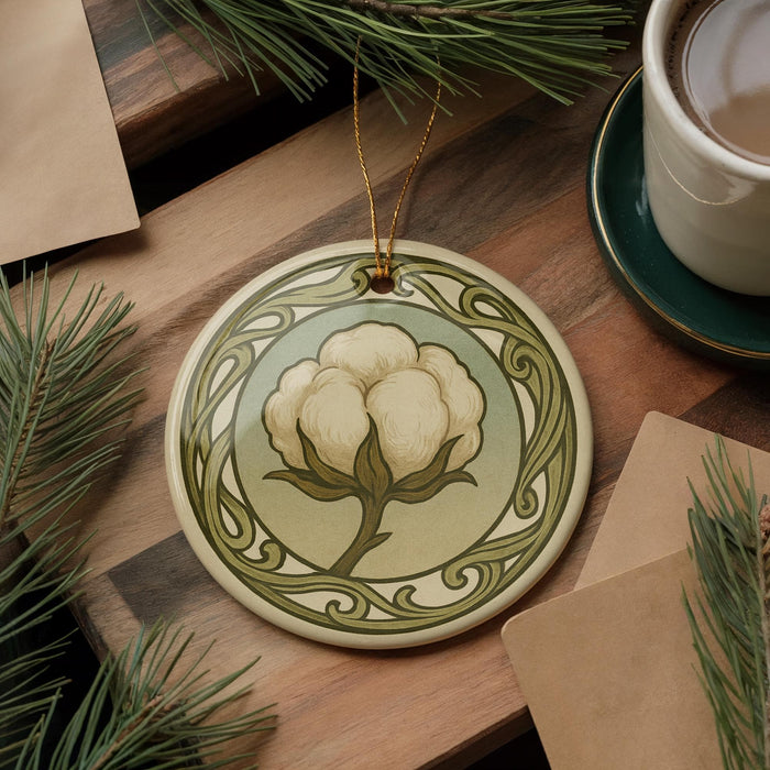 a decorative ornament with a floral design, placed on a wooden surface alongside a cup of coffee and some pine branches.