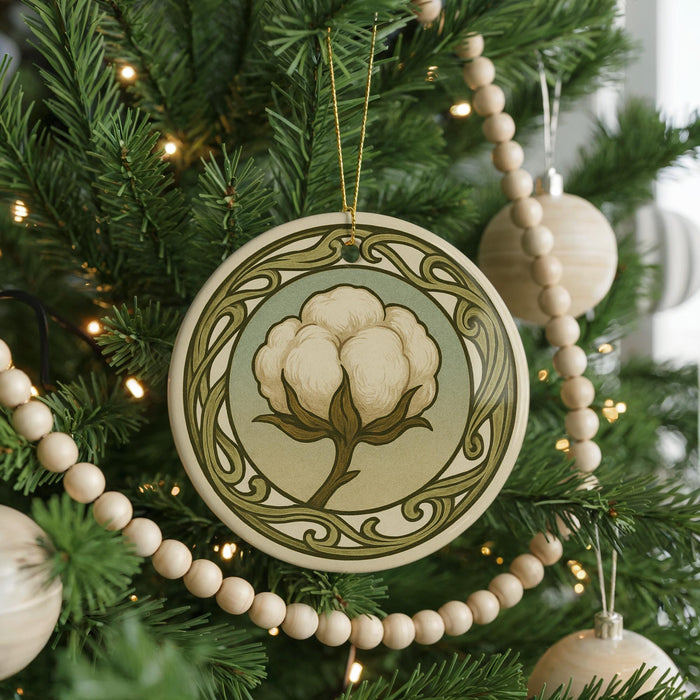 A Christmas tree decorated with ornaments, including a circular ornament with a white cotton flower design.