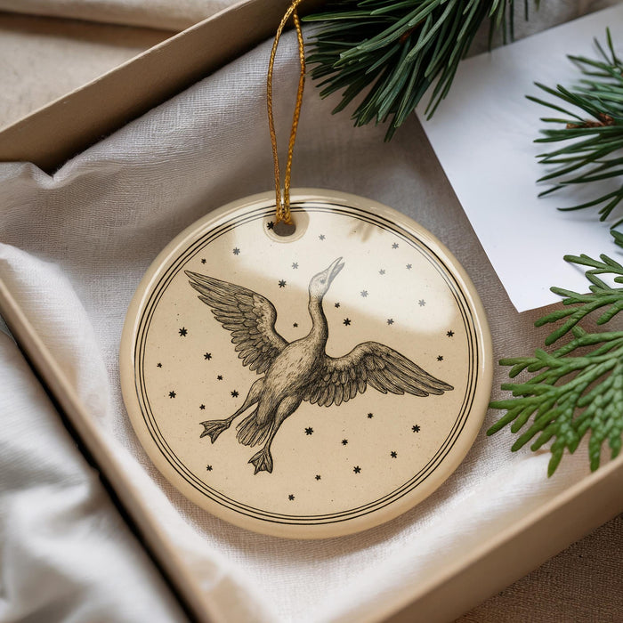 A decorative ornament in a box, featuring a bird in flight with a starry background.