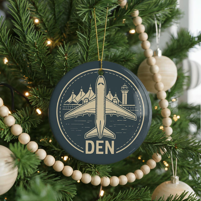 A Christmas tree decorated with ornaments, including a circular ornament with a graphic of an airplane and the word "DEN" on it.