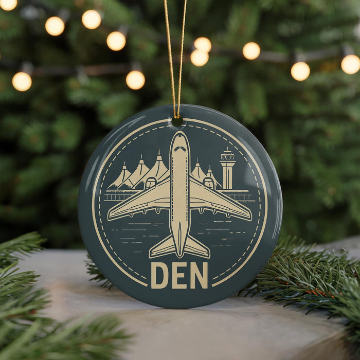 A circular ornament with a graphic of an airplane and a mountain range, along with the word "DEN" written on it, is displayed in front of a blurred background with Christmas lights.