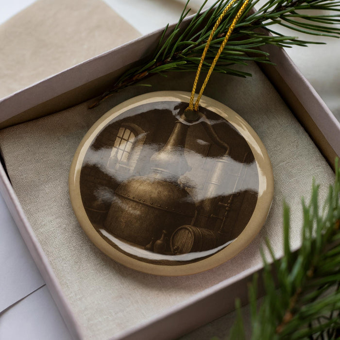 A round ornament with a picture of a distillery or brewery on it, hanging from a string.