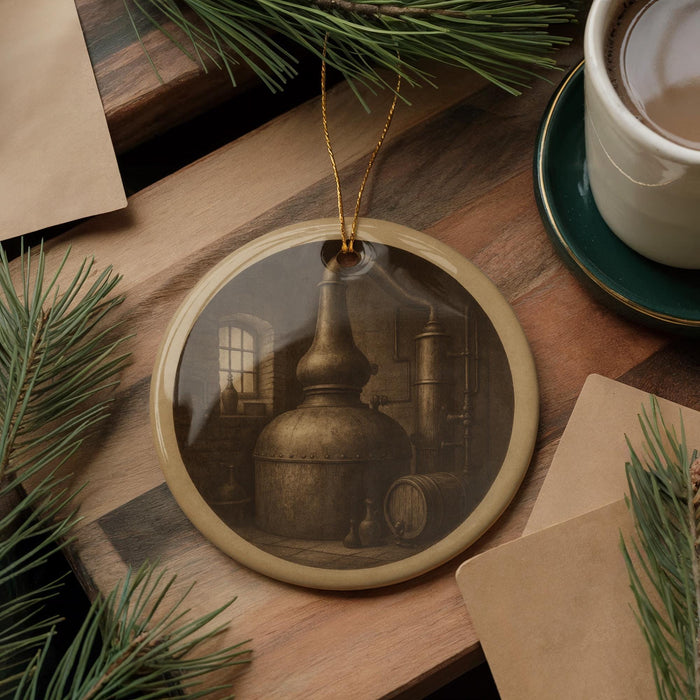 A round ornament featuring an image of a distillery or brewing equipment, such as a copper still or kettle, is displayed on a wooden surface alongside a cup of coffee and some pine branches.