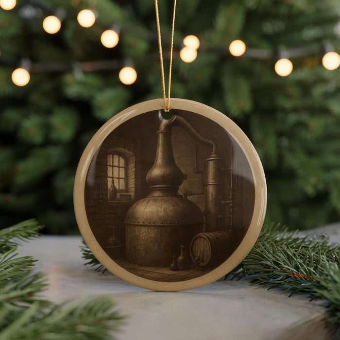 A round ornament featuring an illustration of a distillery or laboratory setting, with a large vat or distillation apparatus prominently displayed.