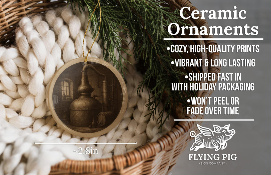 Ceramic ornaments, a wicker basket, and a sprig of greenery.