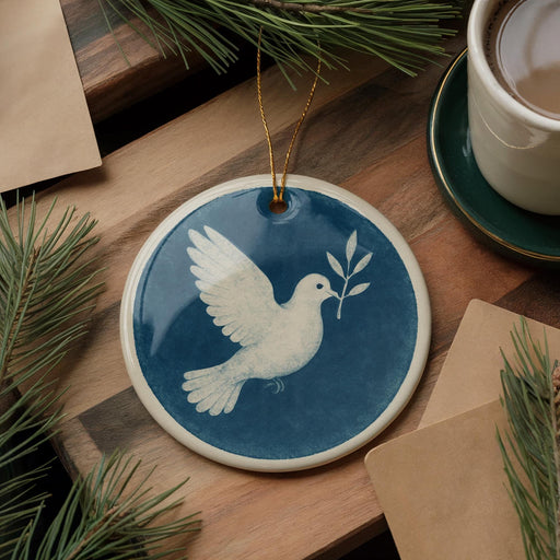 A blue ceramic ornament with a white dove in flight is displayed on a wooden surface, accompanied by pine branches and a cup of coffee.