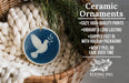 Ceramic ornaments, featuring a blue and white design with a white bird and leaf, are displayed in a woven basket.