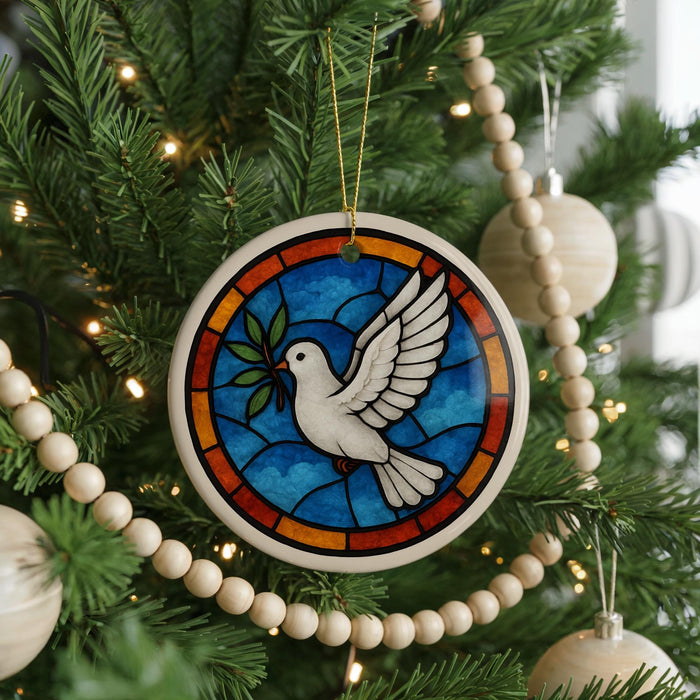 A stained glass ornament featuring a white dove is hanging on a Christmas tree, surrounded by ornaments and lights.