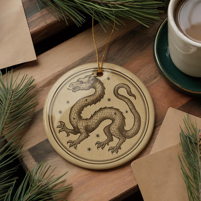 a round ornament with a dragon design, placed on a wooden surface next to a cup of coffee and some pine branches.