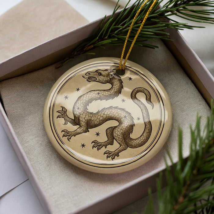A decorative ornament in a box, featuring a detailed illustration of a dragon with a starry background.