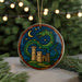 A decorative ornament featuring a green dragon with a castle in the background, set against a starry night sky.