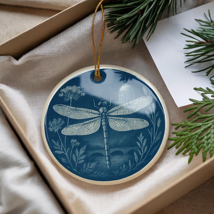 A blue ceramic ornament with a dragonfly design is displayed in a box, surrounded by pine branches and greenery.