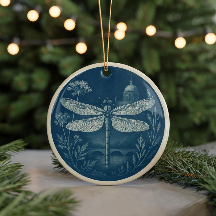 A blue ceramic ornament featuring a detailed illustration of a dragonfly is displayed on a table, surrounded by pine branches and twinkling lights.