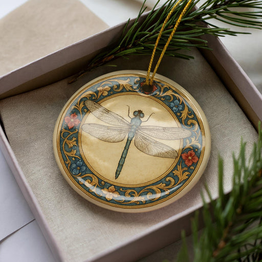 A decorative ceramic ornament in the shape of a dragonfly, with intricate floral designs surrounding it, is displayed in a box with pine branches.