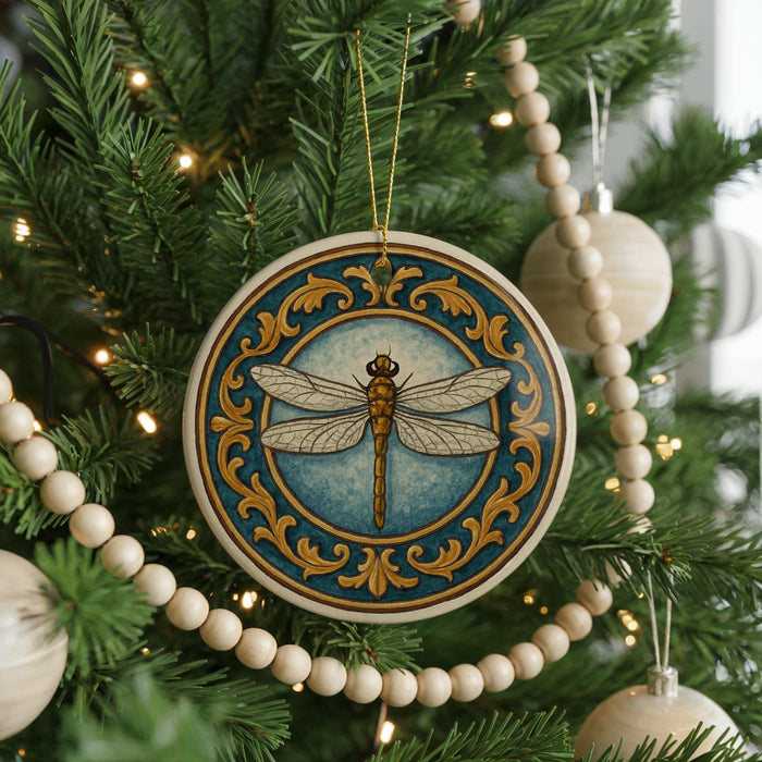 A decorative ornament featuring a dragonfly is hanging on a Christmas tree, surrounded by lights and ornaments.