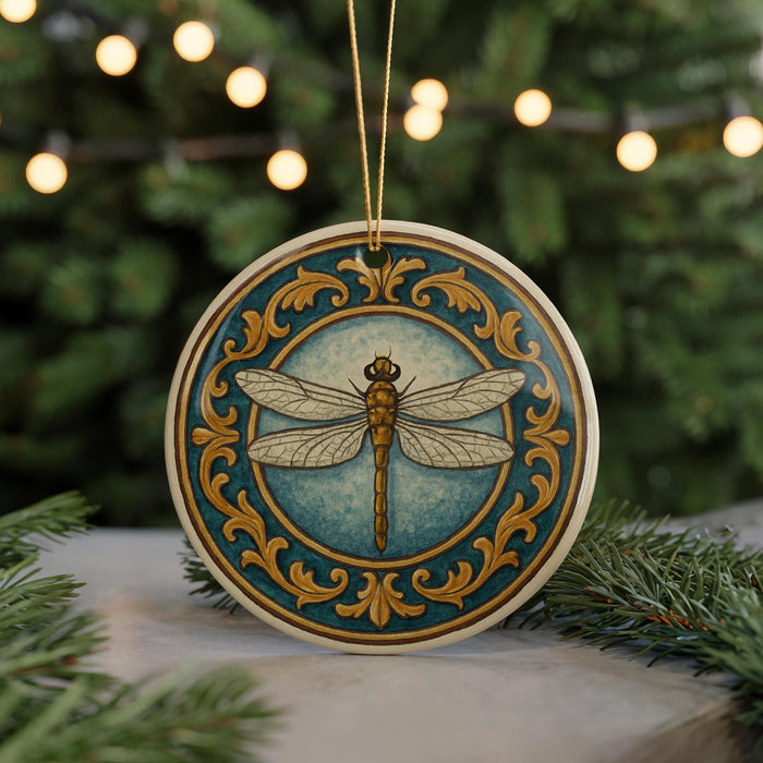 A decorative ornament featuring a dragonfly is displayed on a table, surrounded by pine branches and twinkling lights.