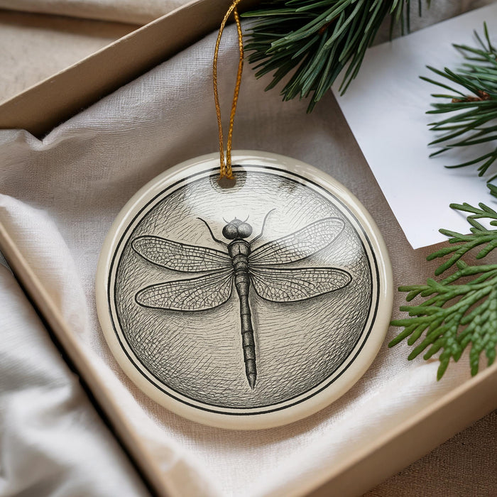 A ceramic ornament in the shape of a dragonfly, with a detailed illustration of the insect, is displayed in a box with pine branches.