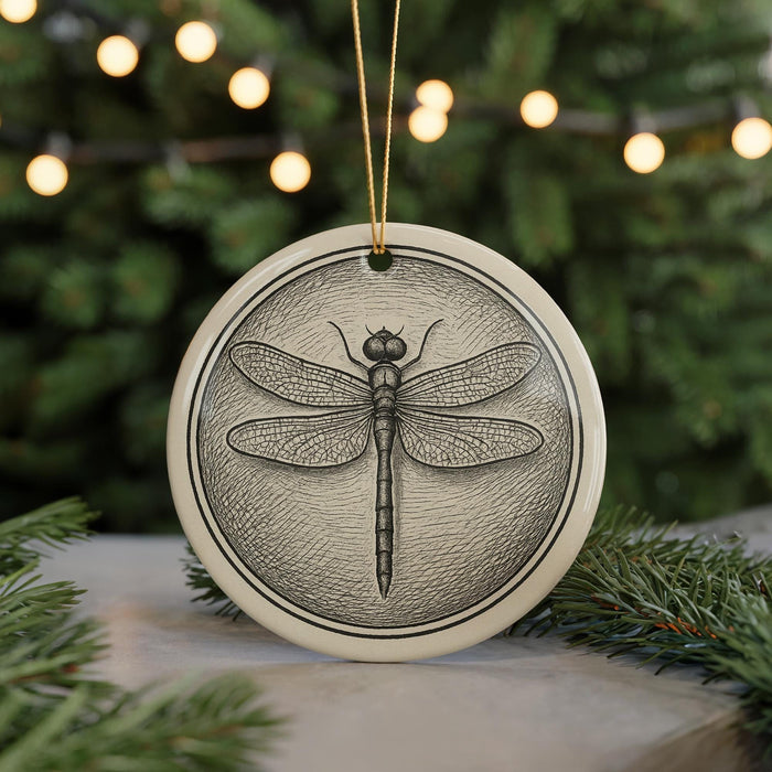 A ceramic ornament featuring a detailed illustration of a dragonfly is displayed in the center of the image, surrounded by pine branches and twinkling lights.