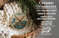 Ceramic ornaments, featuring a ceramic ornament with a wave design and a ceramic ornament with a mountain design, are displayed in a woven basket.