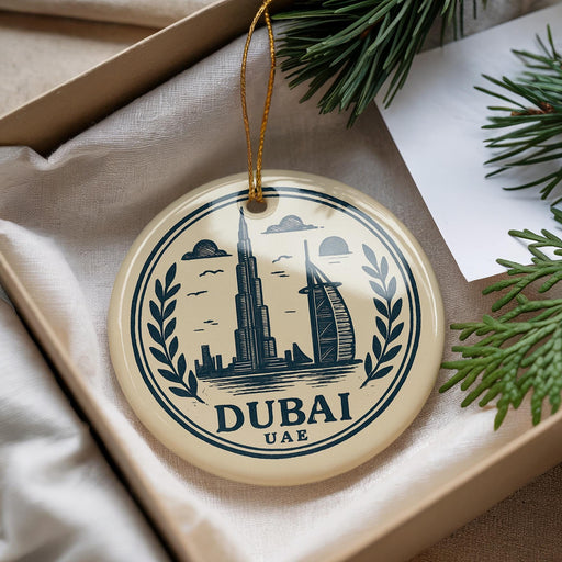 A circular ornament with a design featuring the Burj Khalifa and the Palm Jumeirah, representing Dubai, is displayed in a box with pine branches.