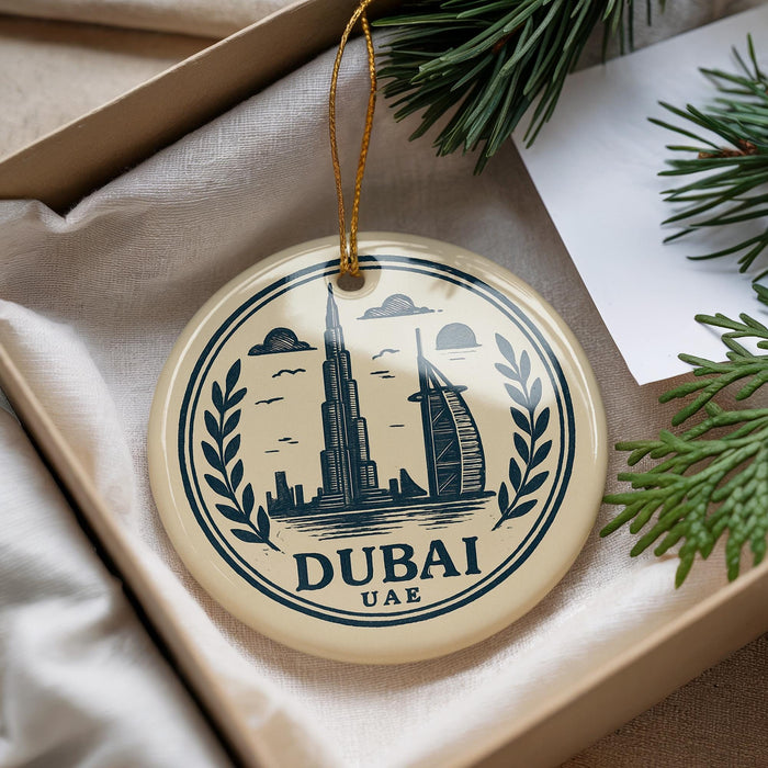 A circular ornament with a design featuring the Burj Khalifa and the Palm Jumeirah, representing Dubai, is displayed in a box with pine branches.