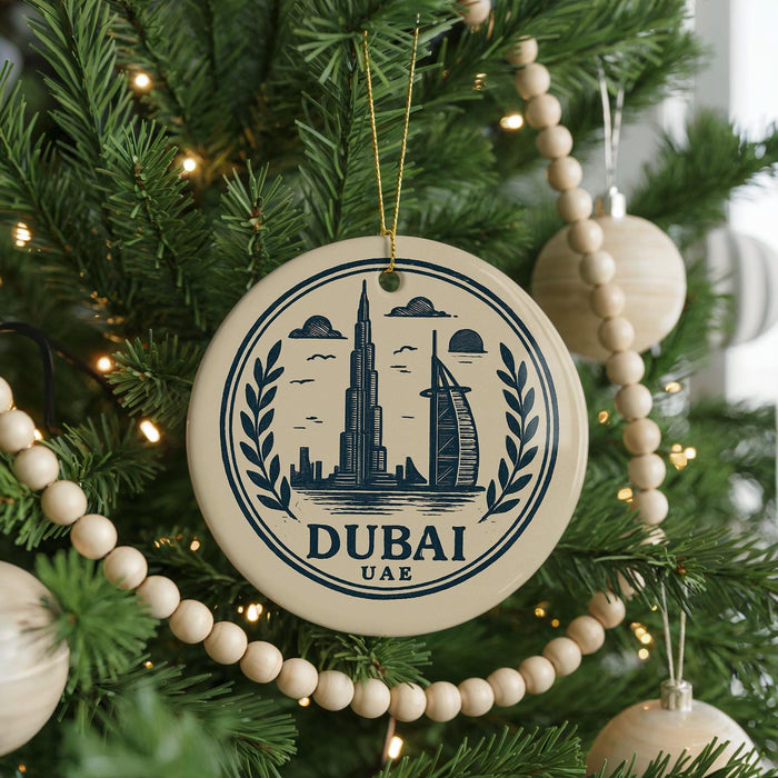 A circular ornament on a Christmas tree, featuring the silhouette of the Burj Khalifa and the text "DUBAI UAE" in a decorative font.